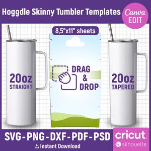 Op de afbeelding: Twee slanke tumblers van 20 oz, een rechte en een taps toelopend, met een witte achtergrond. De tumblers staan op een rasterachtergrond met de tekst "DRAG & DROP" en "8,5"x11" sheets" erboven. De tekst "SVG-PNG-DXF-PDF-PSD" staat onder de tumblers, samen met de tekst "Direct downloaden" en logo's voor Cricut en Silhouette.