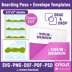 May include: A digital template for boarding passes and envelopes. The design includes a pink envelope, a boarding pass, and a sheet of boarding passes. The text includes "Boarding Pass + Envelope Templates", "Drag & Drop", and "Your Design". The template is 21.6cm x 27.9cm.