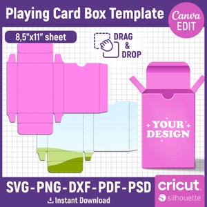 Plantilla de caja de cartas de juego en blanco Svg, plantilla de caja de cartas de póquer, archivos cortados, plantilla de caja de cartas coleccionables de bricolaje, Cricut, silueta, Canva editable