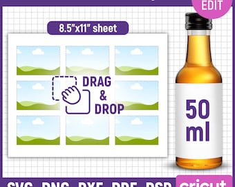 May include: A digital mini wine label template on an 8.5 inch by 11 inch sheet with nine rectangular placeholders featuring a landscape graphic and a drag and drop icon. A small 50 ml bottle with a white label is shown next to the template.