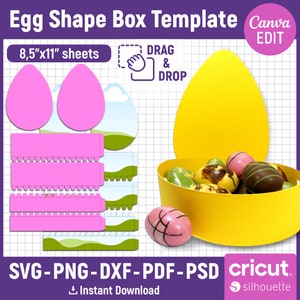 Modèle de boîte en forme d'oeuf, modèle de boîte-cadeau de Pâques, boîte à oeufs en chocolat, boîte de bonbons de Pâques, boîte à oeufs Svg, Cricut, Silhouette, dxf, toile modifiable