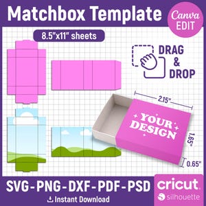 Könnte beinhalten: Eine digitale Streichholzschachtel-Vorlage mit rosa und landschaftlich gemusterten Layouts auf einem Rasterhintergrund. Enthält Text: Matchbox Template, 8.5"x11" sheets, Canva EDIT, DRAG & DROP, YOUR DESIGN, SVG-PNG-DXF-PDF-PSD, cricut, silhouette.
