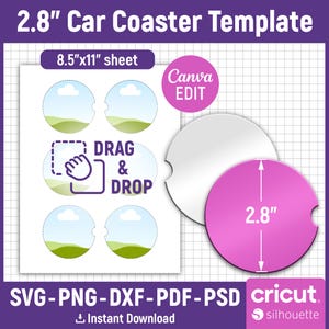Può includere: Un modello per creare sottobicchieri per auto da 2,8 pollici. Il modello include quattro design di sottobicchieri con uno sfondo di cielo ed erba. Il modello è progettato per essere utilizzato con un foglio di carta da 8,5 pollici per 11 pollici. Il testo "DRAG & DROP" è incluso nel modello. Il modello è compatibile con le macchine da taglio Cricut e Silhouette.
