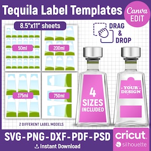 May include: A digital design for tequila label templates. The design includes four different label sizes, 50ml, 200ml, 375ml, and 750ml. The design is available in SVG, PNG, DXF, PDF, and PSD formats. The design is compatible with Cricut and Silhouette machines.