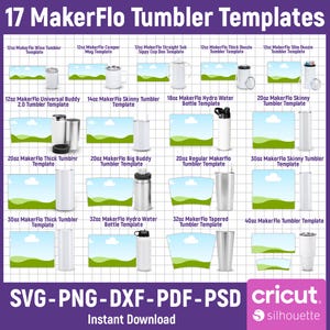 Puede incluir: Imagen que muestra 17 plantillas de vasos MakerFlo, incluyendo vasos de vino, tazas y botellas de agua. Las plantillas están etiquetadas con tamaños que van desde 12 oz hasta 40 oz. Formatos de archivo: SVG, PNG, DXF, PDF y PSD.