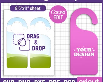 May include: A printable door hanger template with a pink door hanger design that says "YOUR DESIGN" and two white door hangers with a blue sky and green grass background. The text "DRAG & DROP" is on the white door hangers. The template is for an 8.5 x 11 inch sheet.