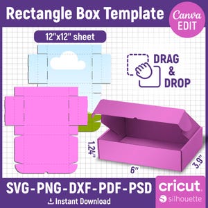 Puede incluir: Una plantilla de caja rectangular rosa con dimensiones de 15,2 cm x 9,9 cm x 3,1 cm. El diseño incluye una plantilla plana y una representación de caja 3D. El texto incluye "Rectangle Box Template", "12"x12" sheet", "Drag & Drop" y opciones de tipo de archivo.