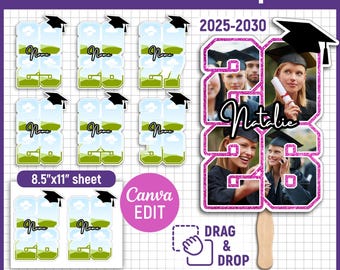 Puede incluir: Plantillas de abanicos de paleta de graduación con áreas de fotos personalizables. Incluye plantillas para los años 2025-2030. El diseño presenta un birrete, el nombre "Natalie" y el texto "Drag & Drop". El tamaño de la hoja es de 21,6 cm x 27,9 cm.