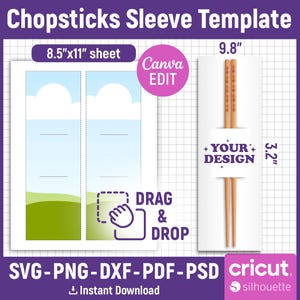 Op de afbeelding: Een printbare sjabloon voor het maken van eetstokjeshoezen. De sjabloon is ontworpen om te passen op een vel papier van 21,6 cm x 27,9 cm. De sjabloon bevat ruimte voor een ontwerp, ruimte voor tekst en ruimte voor de eetstokjes. De sjabloon is ontworpen om te worden gebruikt met een snijmachine.