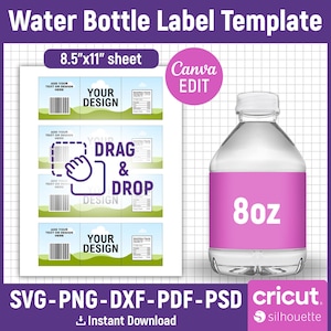 8oz Water Bottle Label Blank Template, Water Bottle Label Template, DIY Label Template, Water Bottle Sticker, Party Favors, Canva Editable
