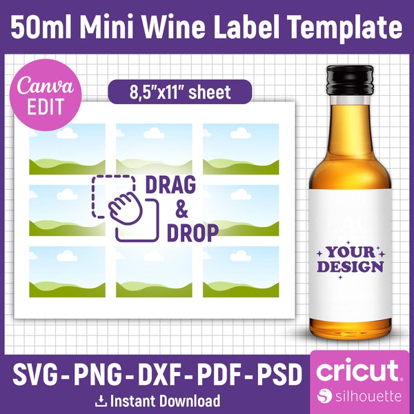 Mini Wine Label Template, 50ml Liquor Label Template, Mini Wine Label Svg, Mini Wine Bottle Tag, Printable, Party Favor, png, Canva Editable