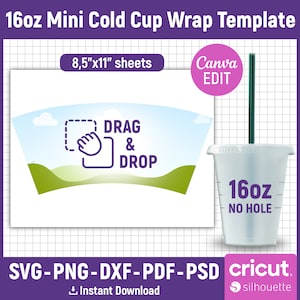 No Hole 16oz Mini Cold Cup Wrap Template, Coffee Cup Template, Coffee Cold Cup Template, Grande 16oz Template, Tumbler Template, Canva Edit