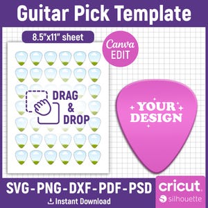 Könnte beinhalten: Eine druckbare Vorlage zum Erstellen von Gitarrenpicks. Die Vorlage enthält 36 Gitarrenpick-Formen auf einem Blatt im Format 21,6 x 27,9 cm. Die Vorlage ist für die Verwendung mit Canva konzipiert und verfügt über eine Drag-and-Drop-Funktion. Die Vorlage ist auch mit Cricut- und Silhouette-Schneidemaschinen kompatibel.