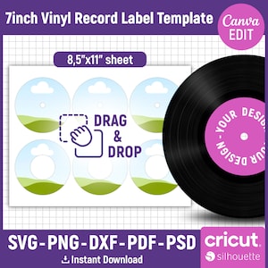 7 Inches Vinyl Record Template, Vinyl Record Label Template, Record Label Sticker Template, Custom Vinyl Record Template, Canva Editable