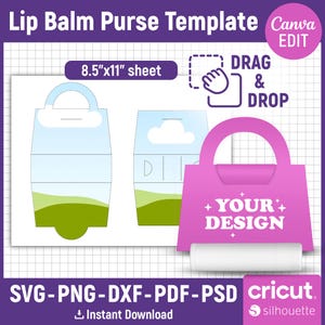 Lip Balm Purse Template, Lip Balm Box Template, Lip Balm Handbag, Chapstick Holder, Lipstick Box, Lip Balm Purse Gift Box, Canva Editable