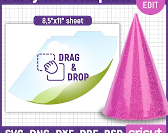 Party Hat Template, Party Hat Svg, Birthday Hat Template, Blank Hat Template, Paper Hat Template, No Glue Party Hat Template, Canva Editable