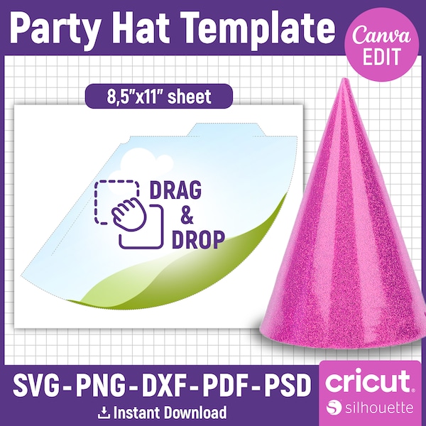 Party Hat Template, Party Hat Svg, Birthday Hat Template, Blank Hat Template, Paper Hat Template, No Glue Party Hat Template, Canva Editable
