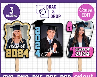 3 Grad Paddle Fan Template Bundle, Grad Fan, Graduation Fan Template, Graduation Fan, Grad 2024, Graduation Cake Topper Template, Canva Edit