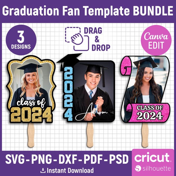 3 Grad Paddle Fan Template Bundle, Grad Fan, Graduation Fan Template, Graduation Fan, Grad 2024, Graduation Cake Topper Template, Canva Edit