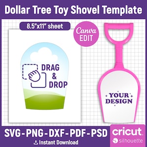 May include: A pink toy shovel template with a white shovel head, and the text "YOUR DESIGN". A sheet of paper with the text "DRAG & DROP" is also shown. The template is for an 8.5"x11" sheet.