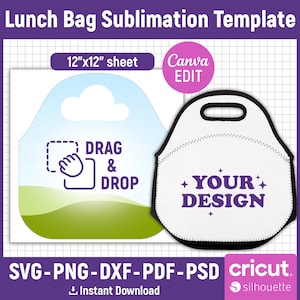 May include: A sublimation template for a lunch bag, featuring a white lunch bag with a black border and the text "YOUR DESIGN" in purple. The template is designed to be used with a 30.5x30.5 cm sheet and can be edited in Canva.