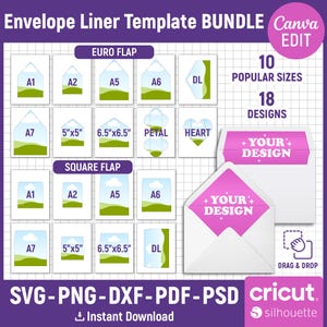 May include: An envelope liner template bundle featuring 10 sizes and 18 designs including Euro flap and square flap styles. The digital file set includes SVG, PNG, DXF, PDF, and PSD formats for Canva, Cricut, and Silhouette users to drag and drop.