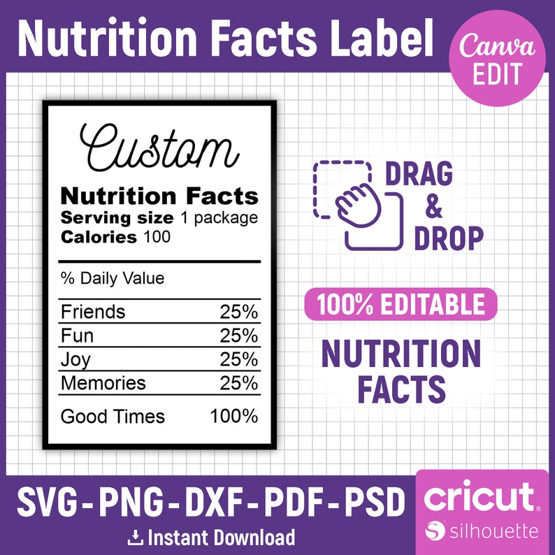 May include: A black and white nutrition facts label template with the text "Custom Nutrition Facts" and editable fields for serving size, calories, and daily value percentages. The label is designed for use with Cricut and Silhouette cutting machines.