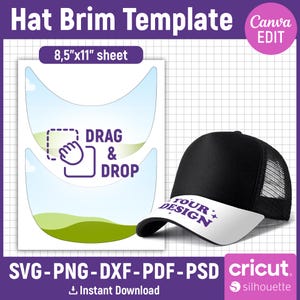 Peut inclure: Un modèle de bord de chapeau, avec un fond blanc et un ciel bleu avec des nuages. Le modèle mesure 8,5 pouces par 11 pouces et dispose d'une fonction de glisser-déposer. Le modèle est destiné à être utilisé avec les machines de découpe Cricut et Silhouette.