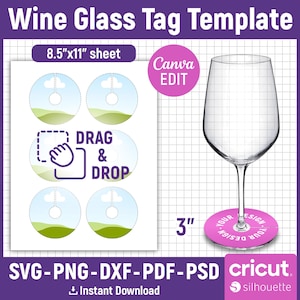 Wine Glass Tag Template, Wine Glass Name Tag Template, Glass Charm, Glass Stem Tag Template, Party Favors, Printable, DIY, Canva Editable