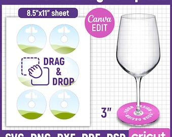 Wine Glass Tag Template, Wine Glass Name Tag Template, Glass Charm, Glass Stem Tag Template, Party Favors, Printable, DIY, Canva Editable