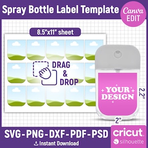 以下が含まれることがあります： 「YOUR DESIGN」と書かれたピンク色のラベルが付いたスプレーボトルのラベルテンプレート。テンプレートには、ドラッグアンドドロップデザインのラベルシートと「8.5"x11" sheet」というテキストが含まれています。画像には「SVG-PNG-DXF-PDF-PSD」と「Instant Download」というテキストも含まれています。