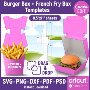 May include: Pink burger and french fry box templates with the text "Burger Box + French Fry Box Templates" and "8.5"x11" sheets". The image includes a burger and fries, plus the words "Drag & Drop" and "Your Design".
