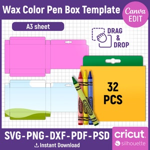 32pcs Crayon Box Template, Wax Crayon Box Template, Wax Color Pen Gift Box, Box Template, Party Favor Box, Gift Box Svg, Png, Canva Editable