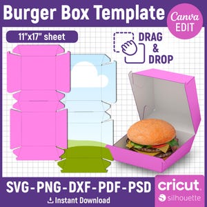 May include: A pink burger box template with a burger inside. The template is designed for an 11"x17" sheet and includes the text "Burger Box Template", "Drag & Drop", and "Instant Download". The design is compatible with Cricut and Silhouette machines.