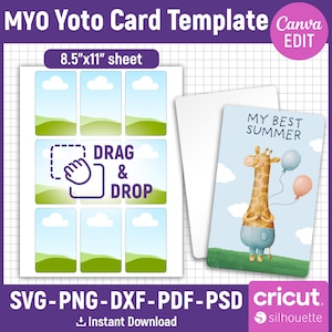 Op de afbeelding: Een digitale kaart sjabloon met de tekst "MYO Yoto Card Template" en "8.5"x11" sheet". Het ontwerp bevat een "Drag & Drop" afbeelding en een kaart met een giraf illustratie en de woorden "MY BEST SUMMER". De sjabloon is compatibel met SVG, PNG, DXF, PDF en PSD formaten.