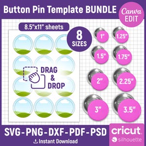 Pacote de modelos de botões, botões em SVG, botões em branco, modelos de botões para sublimação, etiquetas circulares para distintivos, faça você mesmo, PNG, editável no Canva