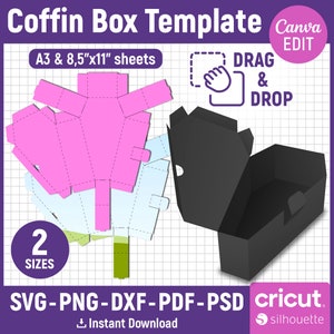 Plantilla de caja de ataúd, caja de golosinas, caja de regalo de Halloween, caja de dulces, caja de dulces, plantilla de caja de favor, artesanía de papel de ataúd, archivos cortados, Canva editable