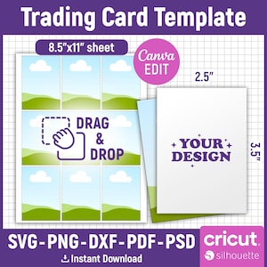 May include: A digital trading card template on an 8.5 inch by 11 inch sheet, featuring a grid of cards with a blue sky and green hill background. The design includes a drag and drop icon, a Canva edit circle, and a 2.5 inch by 3.5 inch card sample.