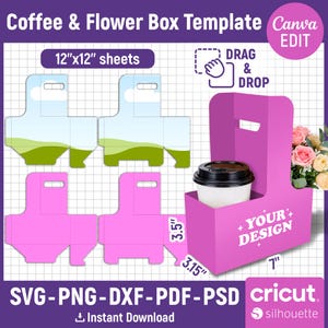 May include: A pink coffee and flower box template with the text "Coffee & Flower Box Template". The design includes a coffee cup holder with a coffee cup inside, and a flower arrangement. The box is 7 inches wide, 3.5 inches high, and 3.15 inches deep.