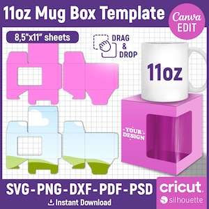 11oz Mug Box Template, Mug Box Svg, Mug Box Template, Mug Box Template with Window, Square Box, Mug Gift Box, Mug Packaging, Canva Editable
