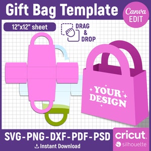 Modèle de sac cadeau, modèle de sac en papier Svg, Svg de sac cadeau, boîte cadeau Svg, modèle de sac cadeau, sac cadeau d'anniversaire, fichiers coupés, png, toile modifiable