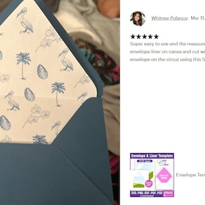 Pu&ograve; includere: Una busta blu con una fodera per busta bianca con un motivo di palme, pellicani e uova. La fodera &egrave; progettata per essere tagliata con una Cricut Explore 3. Il testo "Envelope Template Svg. Envelope Liner Template..." &egrave; visibile nell'immagine.