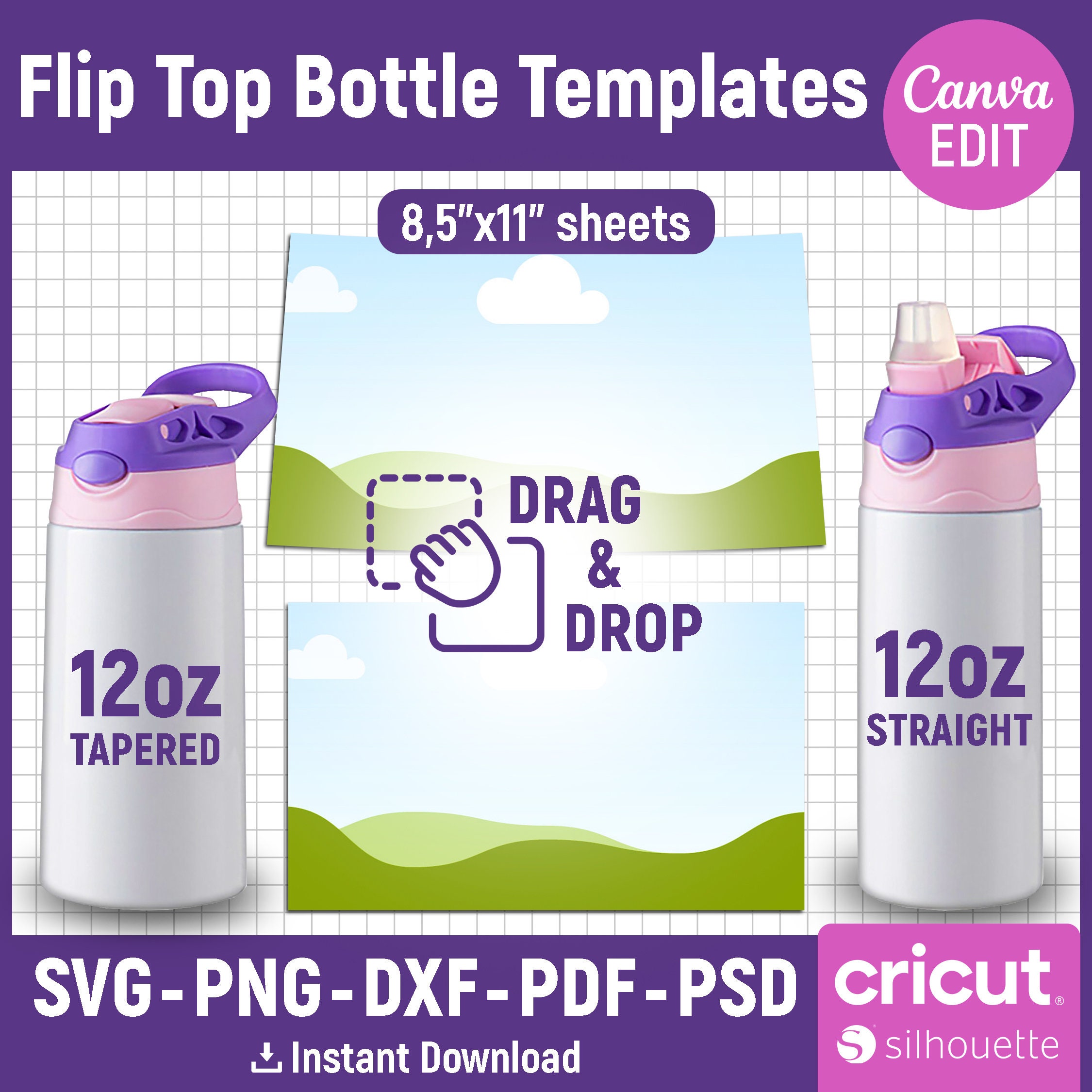 12oz Tumbler Template Bundle, 12oz Flip Top Kids Water Bottle Template, Flip Top Tumbler Template, Sublimation Template, svg, Canva Editable