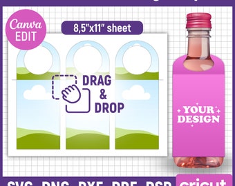May include: Printable 187ml wine bottle tag template featuring a landscape design. The template has a blank space for adding text or a design. The template is designed to be used with Cricut or Silhouette cutting machines. The template is available for instant download.
