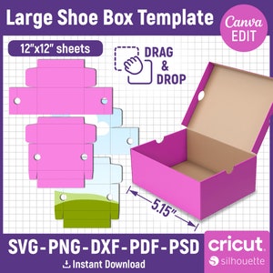 Large Shoe Box Template, Shoe Box Svg, Sneaker Box Template, Shoe Box Party Favor, Gift Box Svg, Box With Lid Template, Canva Editable