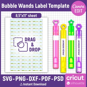Bubble Wands Label Template, Bubble Bottle Label Template, Kids Party Favor, Wedding Bubble Bottles, Bubble Bottle Sticker, Canva Editable