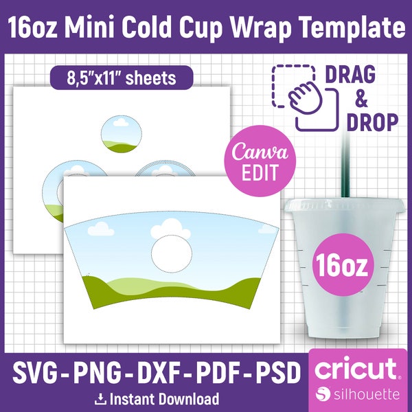 16oz Mini Cold Cup Wrap Template, Coffee Cup Template, Coffee Cold Cup Template, Grande 16oz Template, Tumbler Template, Canva Editable