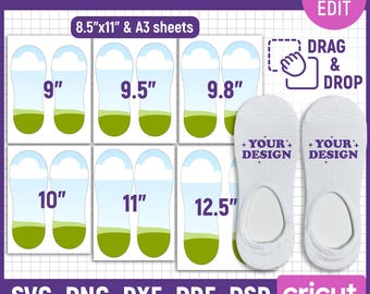 May include: A digital template for no-show socks, featuring sizes from 9" to 12.5". The design includes SVG, PNG, DXF, PDF, and PSD formats. The image also includes the text "Drag & Drop" and "Your Design".