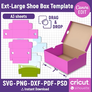 Ext-Large schoenendoos sjabloon, schoenendoos Svg, Sneaker Box sjabloon, schoenendoos partij gunst, geschenkdoos Svg, doos met deksel sjabloon, Canva bewerkbaar