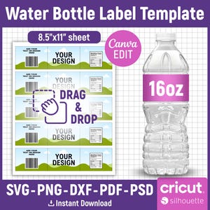 16oz Water Bottle Label Template, Water Bottle Wrapper, Water Bottle Sticker, DIY Label Template, Packaging, Printable, DIY, Canva Editable